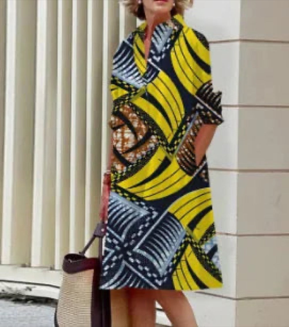 2026 Fall New Full Open Front Print Shirt Collar Long Sleeve Midi Dress Women Casual Fashion Office Wear with Belt