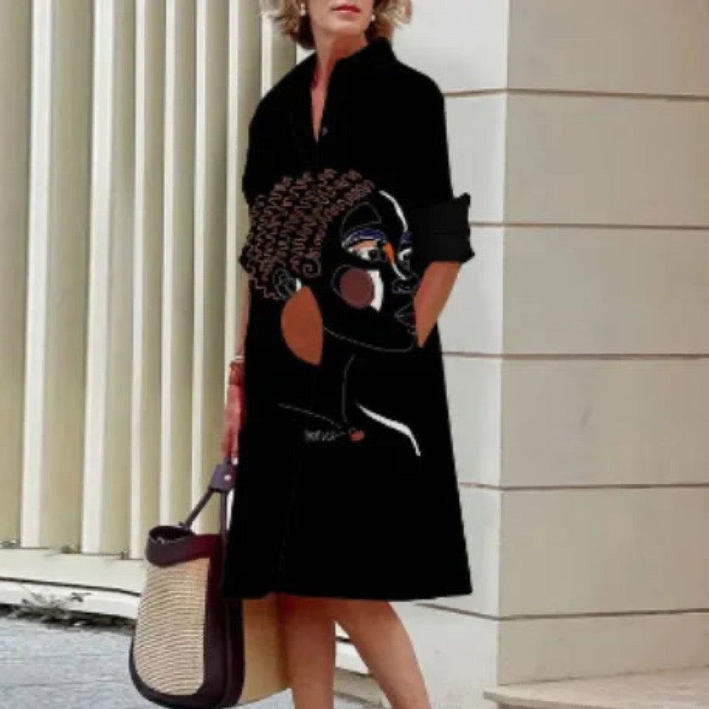 2026 Fall New Full Open Front Print Shirt Collar Long Sleeve Midi Dress Women Casual Fashion Office Wear with Belt