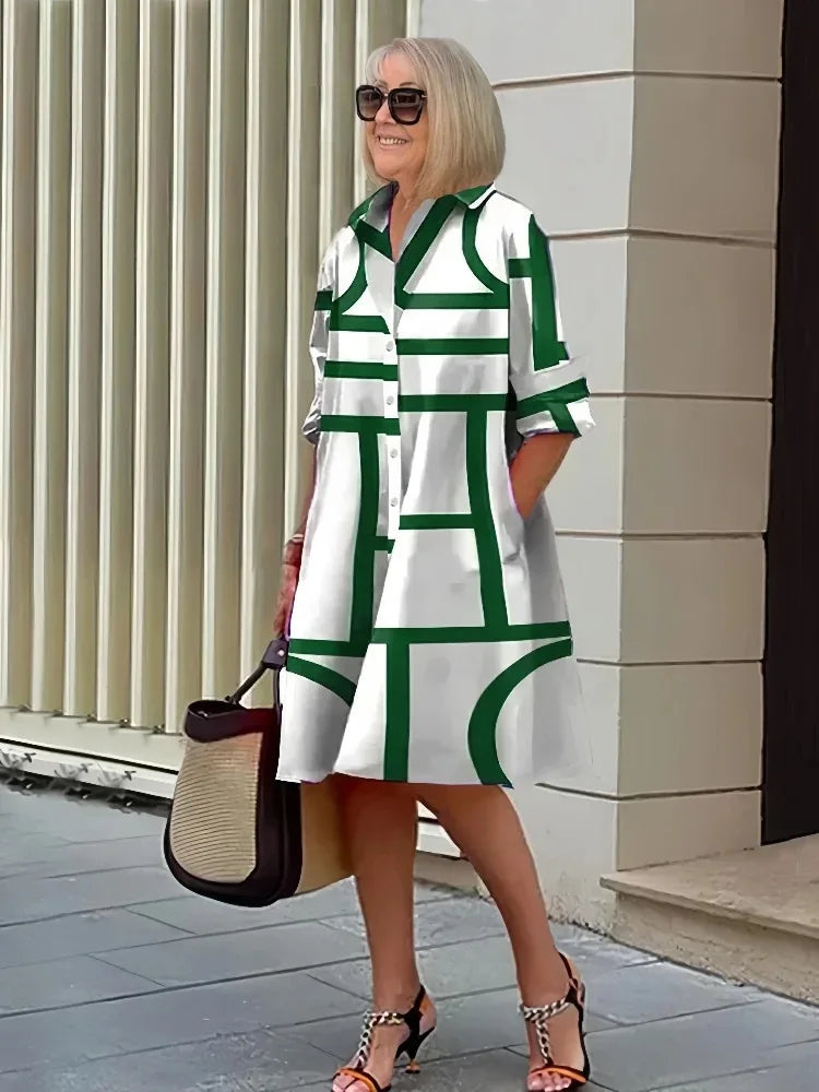 2026 Fall New Full Open Front Print Shirt Collar Long Sleeve Midi Dress Women Casual Fashion Office Wear with Belt