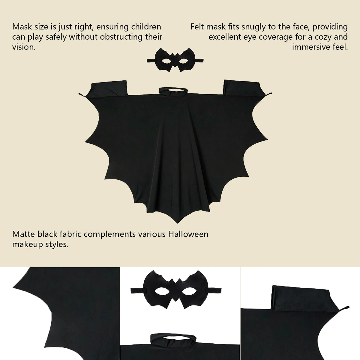 Kids Bat Costume Set Black Bat Cape Mask Arm Sleeves Halloween Cosplay Outfit Children Role Play Party Fancy Dress Costume