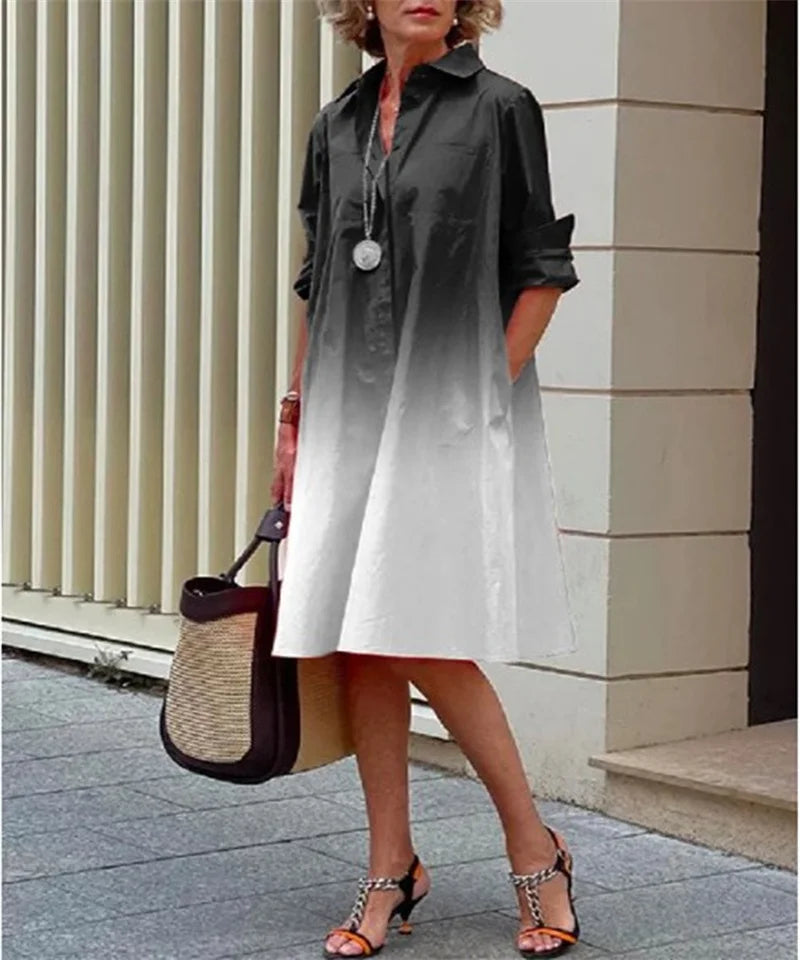 2024 Elegant Print Women Daily Commuter Dresses Side Double Pockets Single-breasted Cardigan Dress Female Long Sleeve Midi Gown