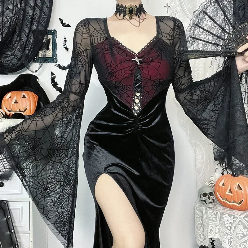 Dark Gothic style Goth Ropa Punk style Halloween Spiderweb velvet spliced bell sleeve slit hot girl dress