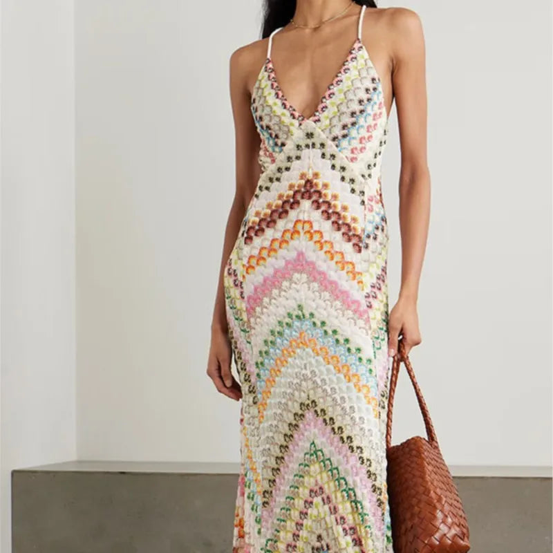 Spring Summer Female Boho Maxi Dresses Retro Sleeveless Women Holiday Long Skirt Sexy Deep V Neck Casual Party Dress Streetwear