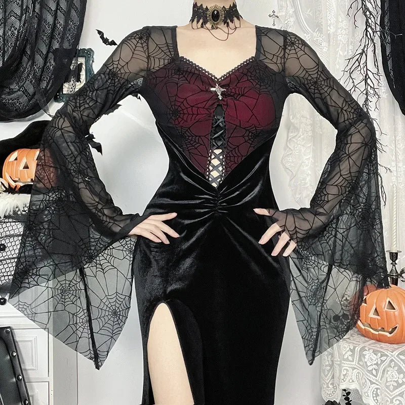 Dark Gothic style Goth Ropa Punk style Halloween Spiderweb velvet spliced bell sleeve slit hot girl dress