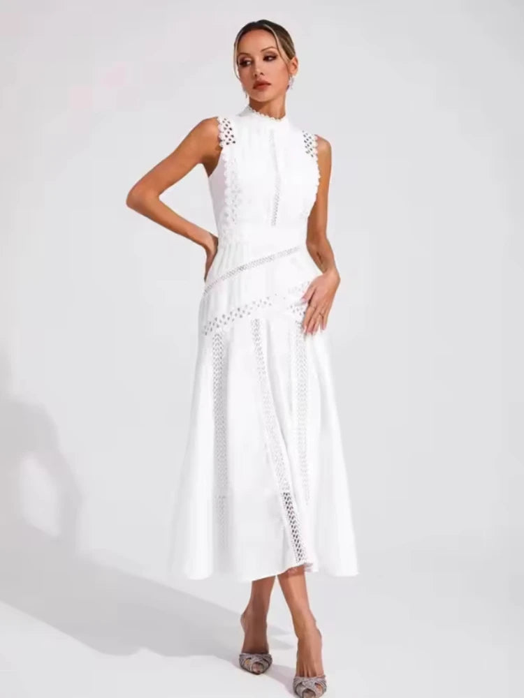 Elegant Long Lace Sleeveless Round Neck Dress Commute Evening Gown Women's Y2K Fashion Dresses Summer New Arrival Single Piece