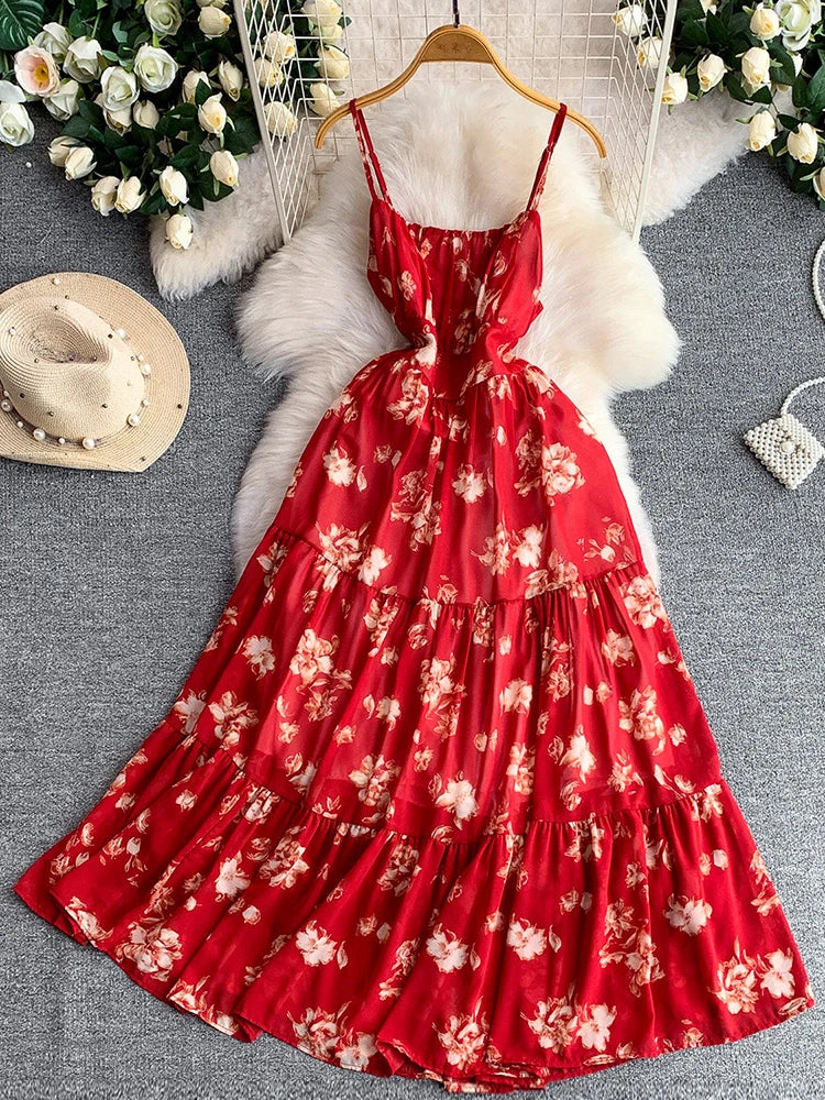 Women Dress Summer French Vacation Style Chiffon Flower Printed Suspender Elastic Ruffle Edge Long Vestido Female DS420