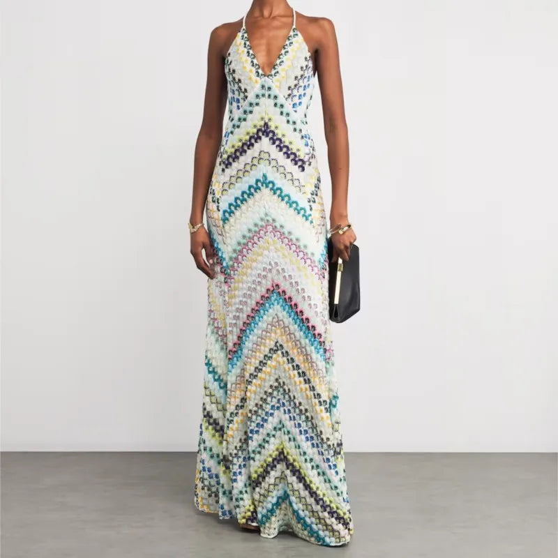 Spring Summer Female Boho Maxi Dresses Retro Sleeveless Women Holiday Long Skirt Sexy Deep V Neck Casual Party Dress Streetwear