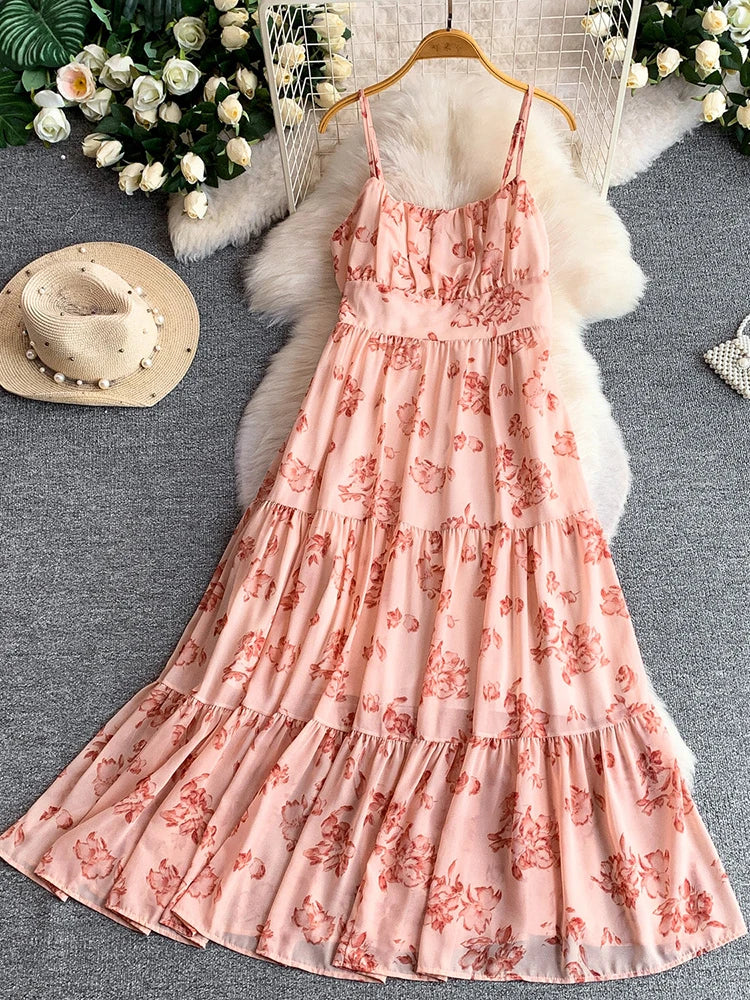 Women Dress Summer French Vacation Style Chiffon Flower Printed Suspender Elastic Ruffle Edge Long Vestido Female DS420
