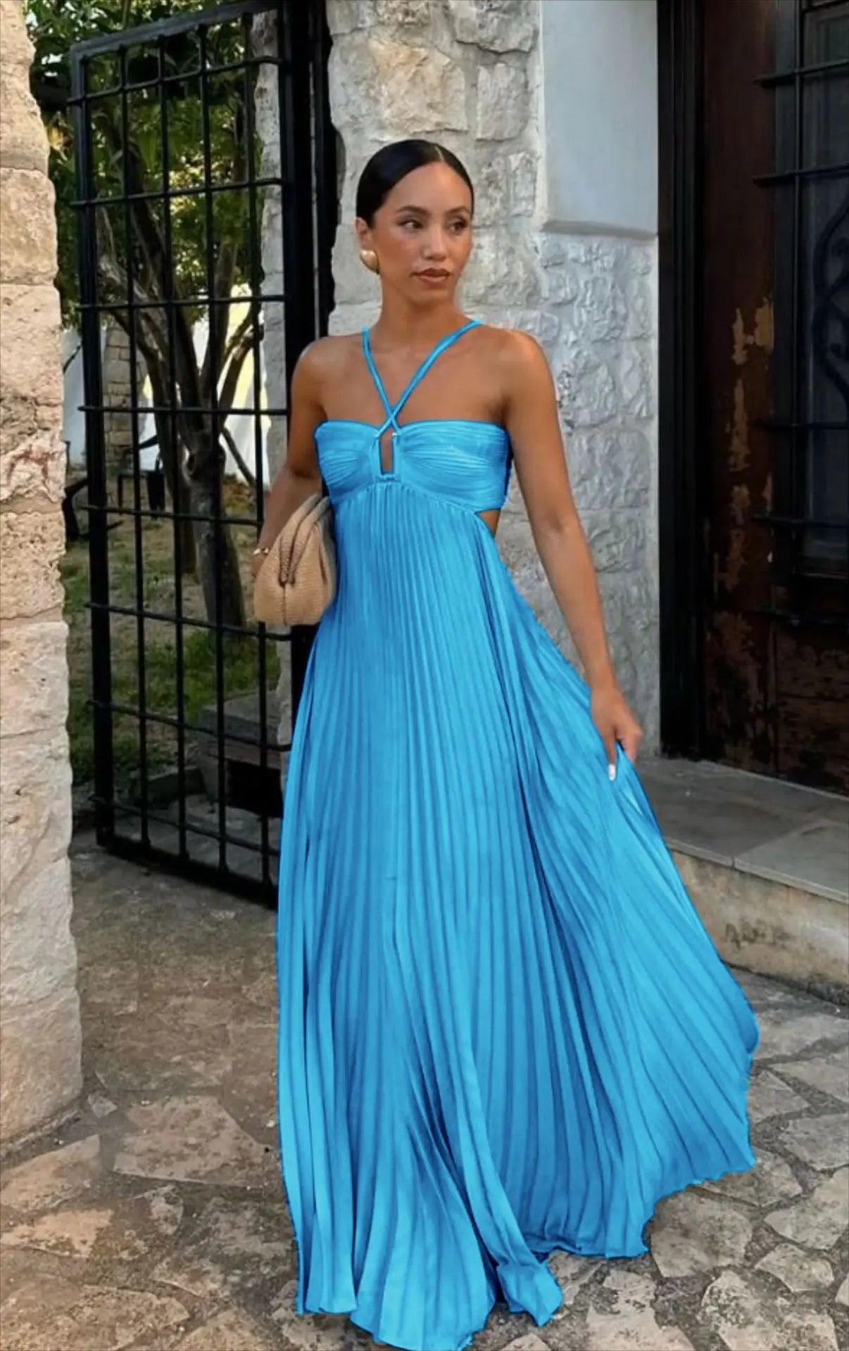Halter Spaghetti Strap Pleated Maxi Dress Cutout Waist Back Tie Flowy Women Casual Vacation Party Long Dress 260802