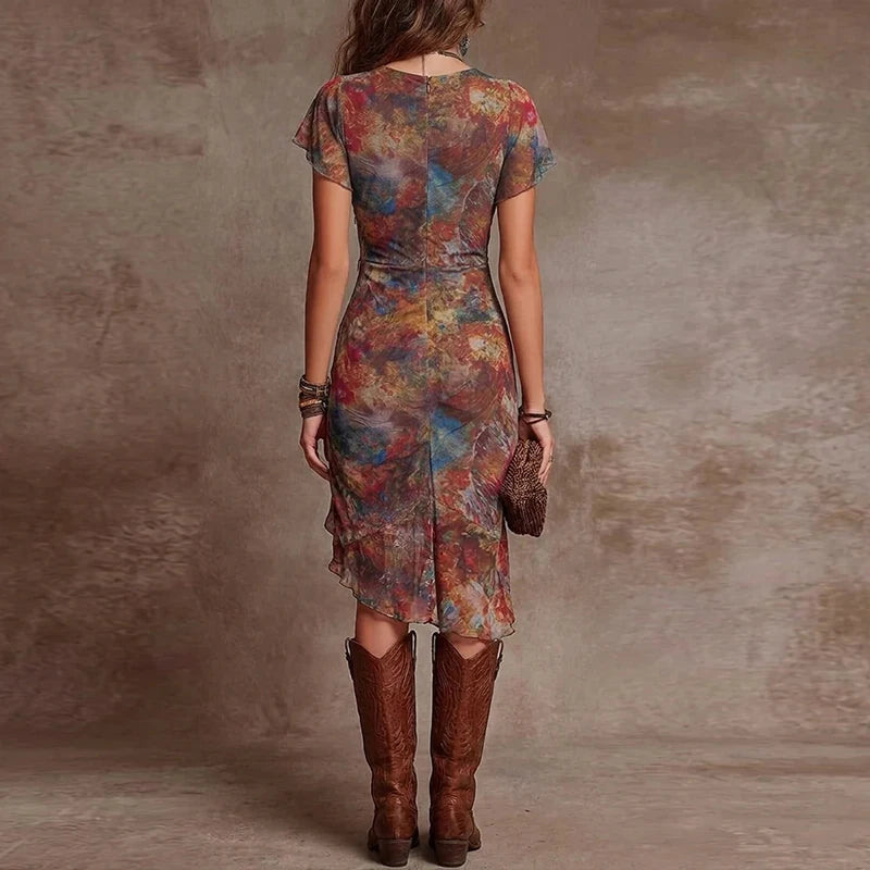New Summer Ruffle Patchwork Flower Printed Midi Dress Women Elegant Short Sleeve Slim V Neck Holiday Party Dresses For Women
