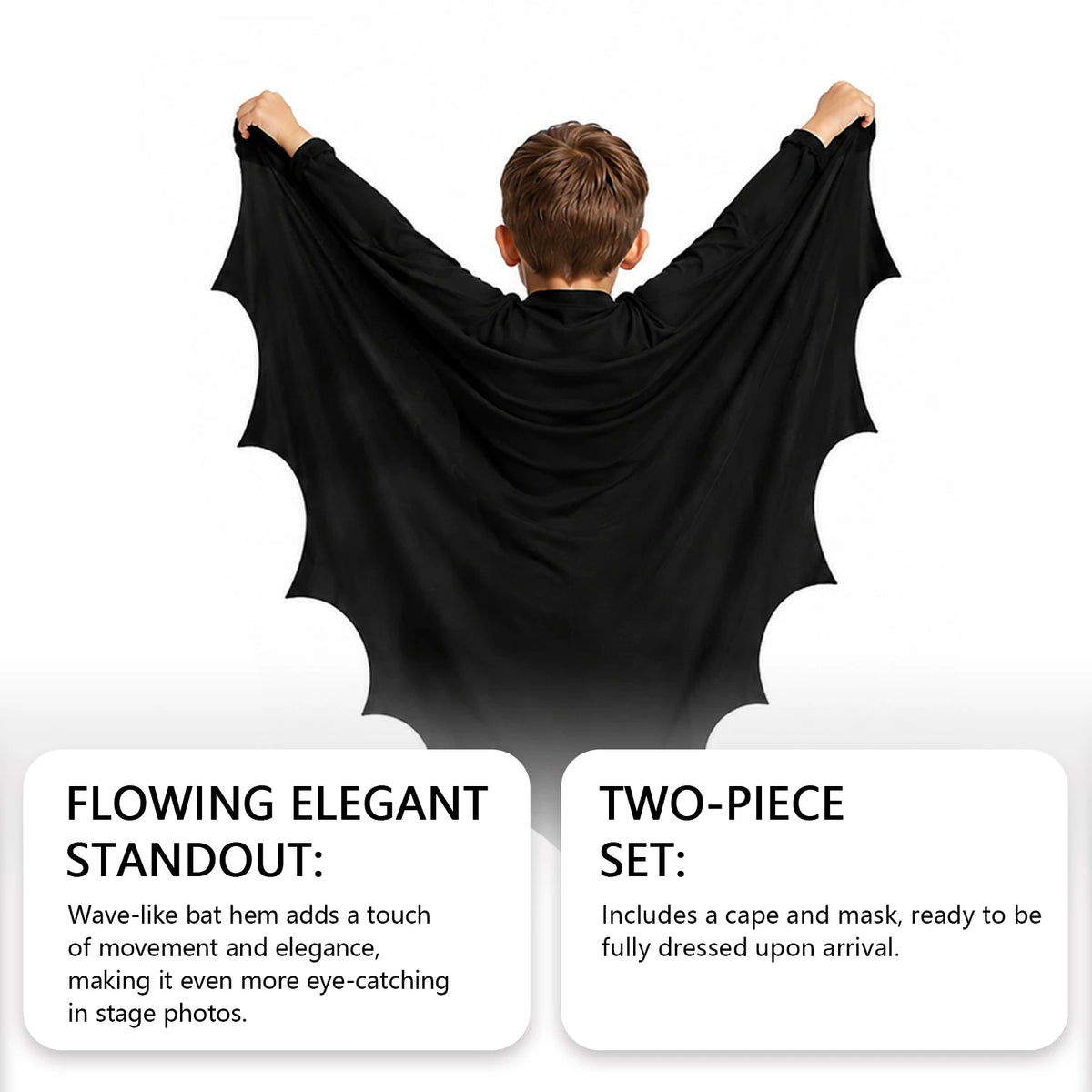 Kids Bat Costume Set Black Bat Cape Mask Arm Sleeves Halloween Cosplay Outfit Children Role Play Party Fancy Dress Costume