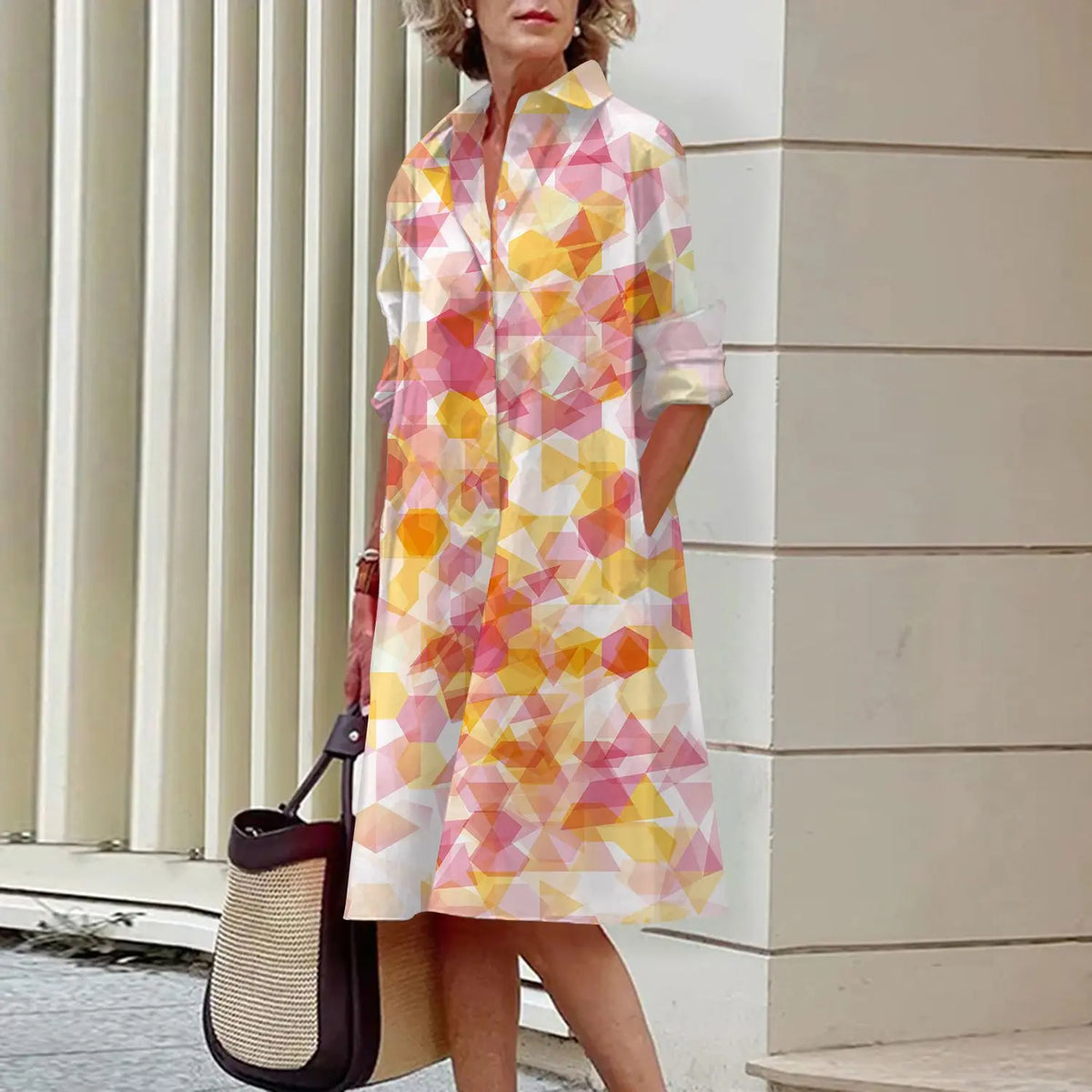 2026 Fall New Full Open Front Print Shirt Collar Long Sleeve Midi Dress Women Casual Fashion Office Wear with Belt