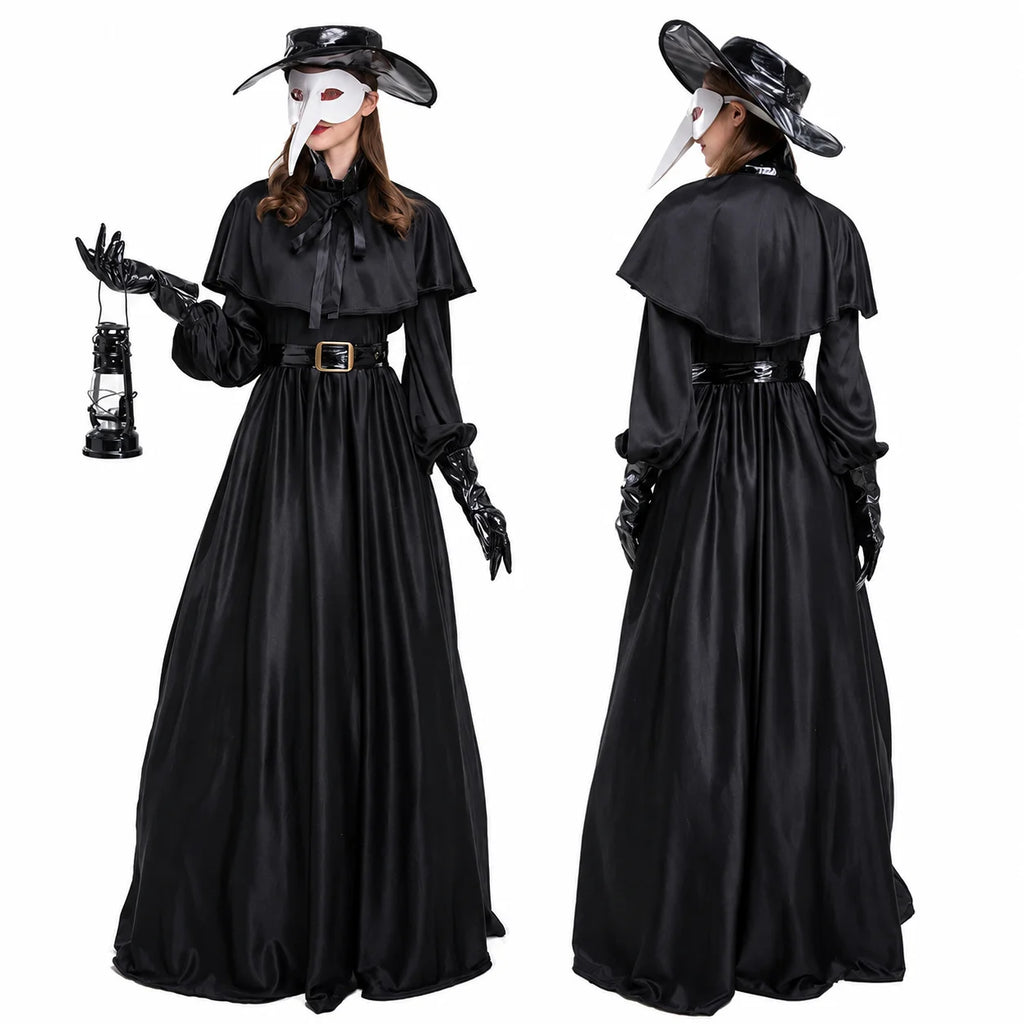 Women Plague Doctor Costume Set Medieval Gothic Long Dress with Cape Belt Hat Gloves Bird Beak Mask Steampunk Halloween Cosplay Outfit for Carnival Party