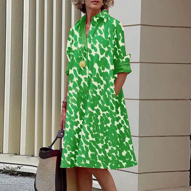 Spring Summer Shirt Dress Women Turn Down Collar Long Sleeve Tie Dye Printing Midi Dresses For Women Elegant Pocket Holiday Robe