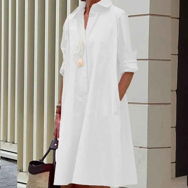 2024 Elegant Print Women Daily Commuter Dresses Side Double Pockets Single-breasted Cardigan Dress Female Long Sleeve Midi Gown