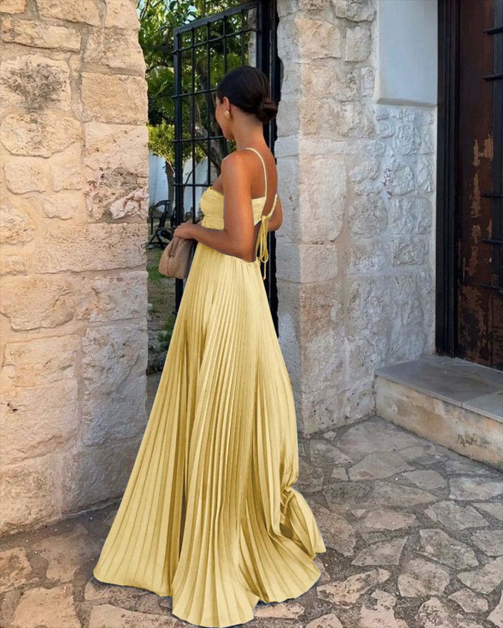 Halter Spaghetti Strap Pleated Maxi Dress Cutout Waist Back Tie Flowy Women Casual Vacation Party Long Dress 260802