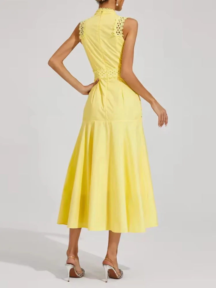 Elegant Long Lace Sleeveless Round Neck Dress Commute Evening Gown Women's Y2K Fashion Dresses Summer New Arrival Single Piece