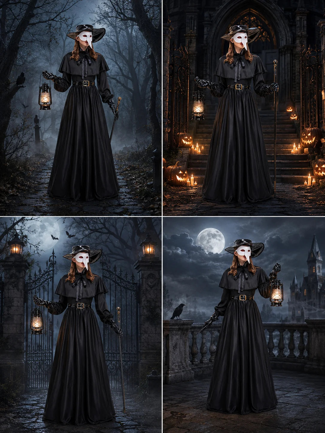 Women Plague Doctor Costume Set Medieval Gothic Long Dress with Cape Belt Hat Gloves Bird Beak Mask Steampunk Halloween Cosplay Outfit for Carnival Party
