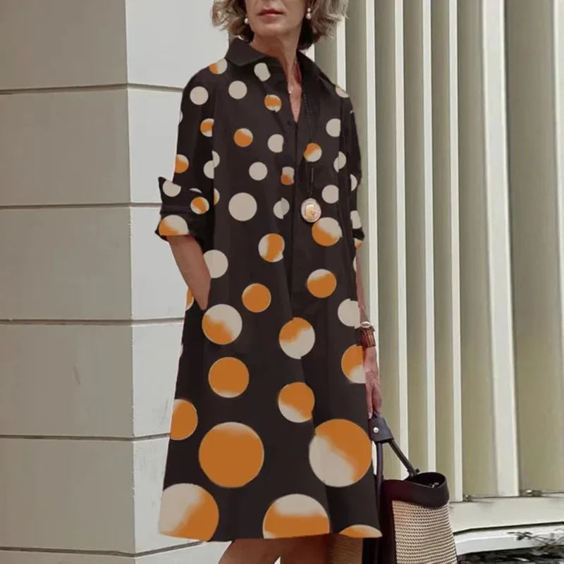 2024 Elegant Print Women Daily Commuter Dresses Side Double Pockets Single-breasted Cardigan Dress Female Long Sleeve Midi Gown