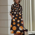 2024 Elegant Print Women Daily Commuter Dresses Side Double Pockets Single-breasted Cardigan Dress Female Long Sleeve Midi Gown