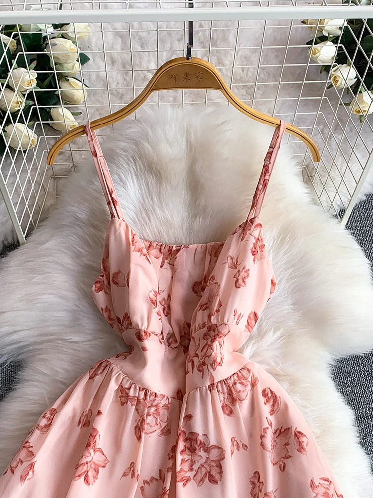 Women Dress Summer French Vacation Style Chiffon Flower Printed Suspender Elastic Ruffle Edge Long Vestido Female DS420