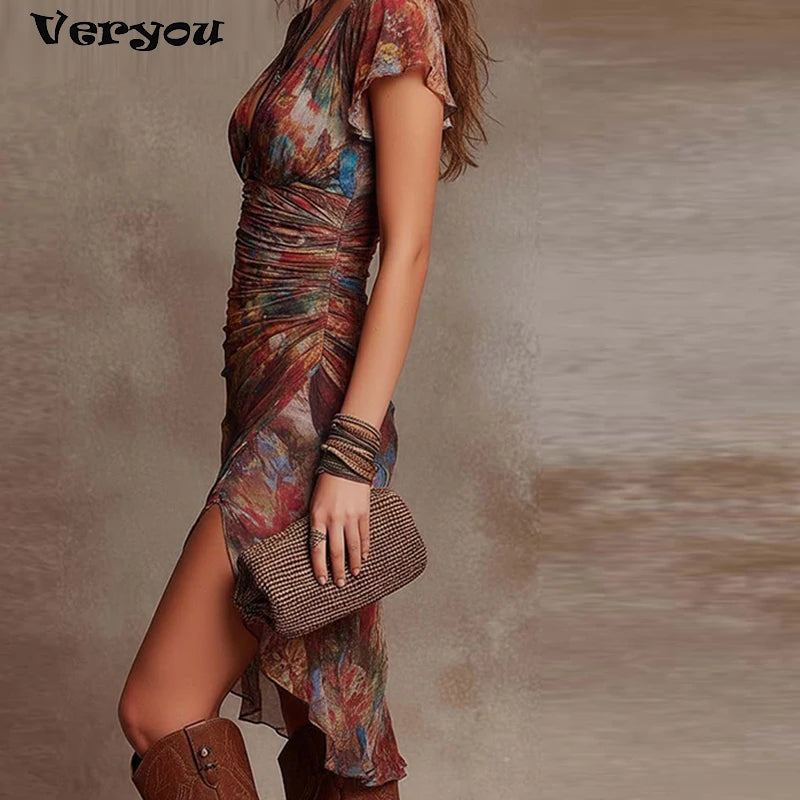 New Summer Ruffle Patchwork Flower Printed Midi Dress Women Elegant Short Sleeve Slim V Neck Holiday Party Dresses For Women