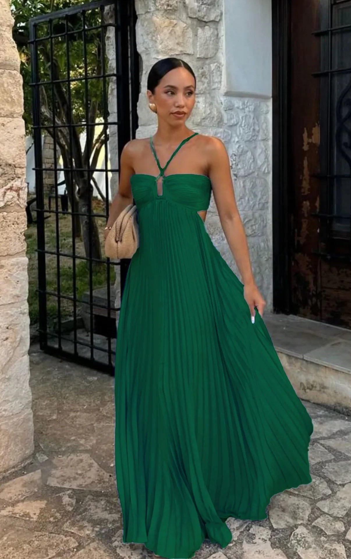 Halter Spaghetti Strap Pleated Maxi Dress Cutout Waist Back Tie Flowy Women Casual Vacation Party Long Dress 260802