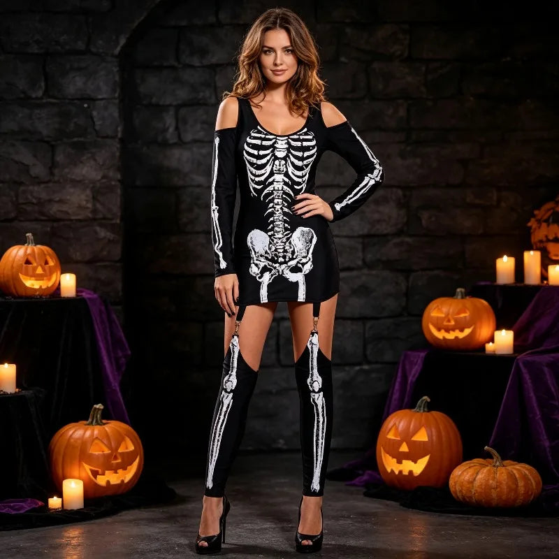 Skeleton Halloween Dress with Off-Shoulder Neckline & Glow-in-the-Dark Print for Dark Masquerade Party