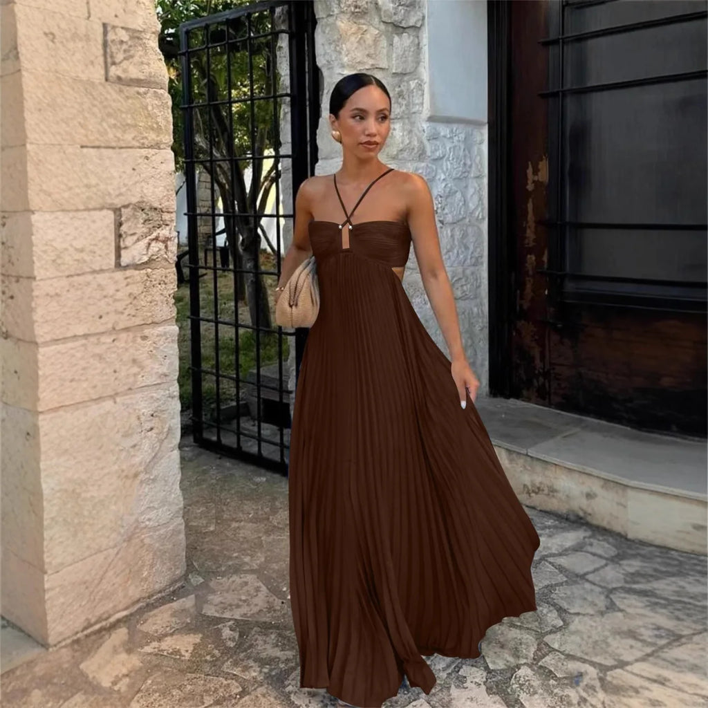 Halter Spaghetti Strap Pleated Maxi Dress Cutout Waist Back Tie Flowy Women Casual Vacation Party Long Dress 260802