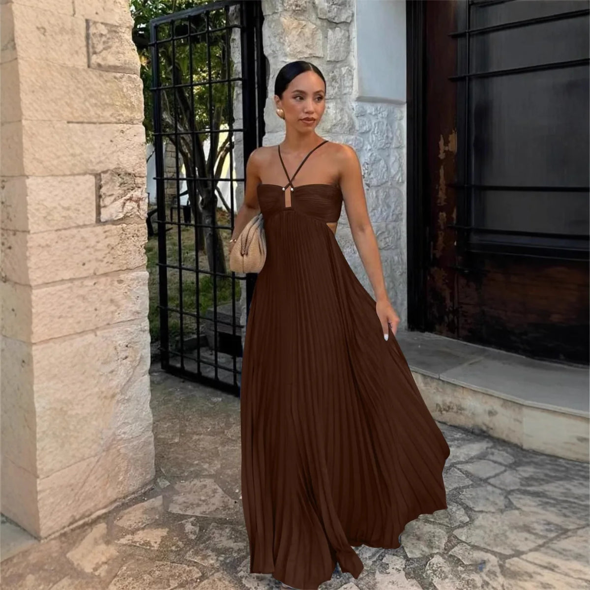 Halter Spaghetti Strap Pleated Maxi Dress Cutout Waist Back Tie Flowy Women Casual Vacation Party Long Dress 260802