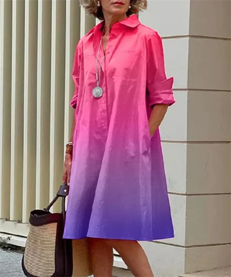 2024 Elegant Print Women Daily Commuter Dresses Side Double Pockets Single-breasted Cardigan Dress Female Long Sleeve Midi Gown