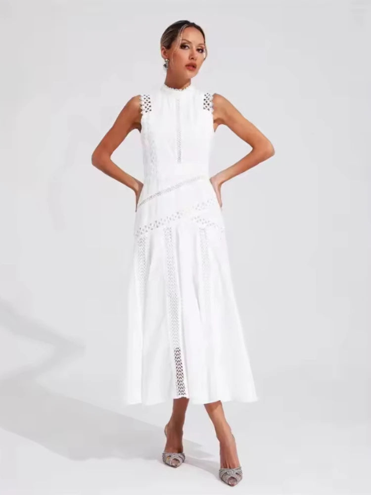 Elegant Long Lace Sleeveless Round Neck Dress Commute Evening Gown Women's Y2K Fashion Dresses Summer New Arrival Single Piece