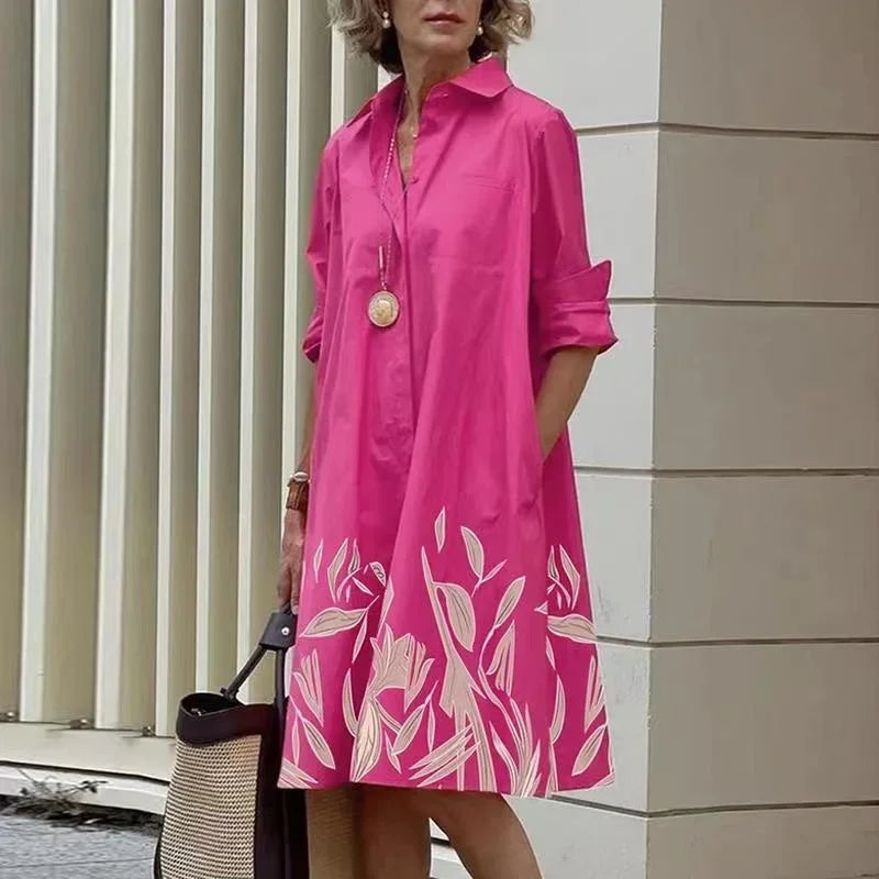 2024 Elegant Print Women Daily Commuter Dresses Side Double Pockets Single-breasted Cardigan Dress Female Long Sleeve Midi Gown