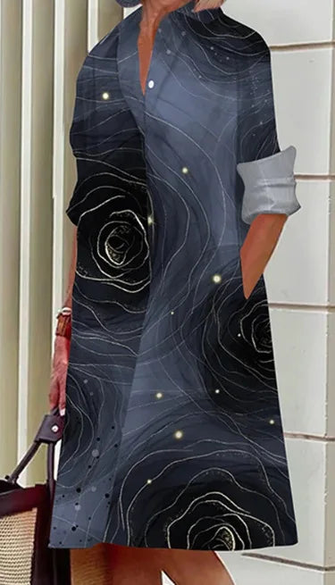 2026 Fall New Full Open Front Print Shirt Collar Long Sleeve Midi Dress Women Casual Fashion Office Wear with Belt