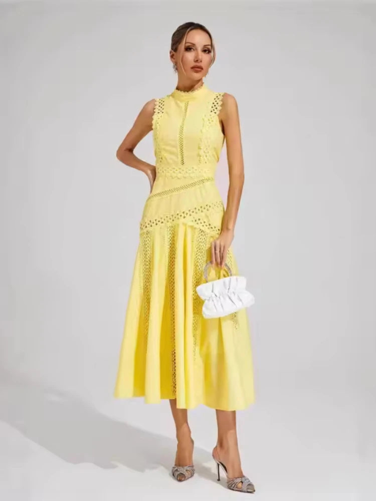 Elegant Long Lace Sleeveless Round Neck Dress Commute Evening Gown Women's Y2K Fashion Dresses Summer New Arrival Single Piece