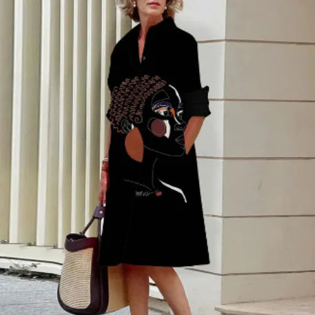 2026 Fall New Full Open Front Print Shirt Collar Long Sleeve Midi Dress Women Casual Fashion Office Wear with Belt