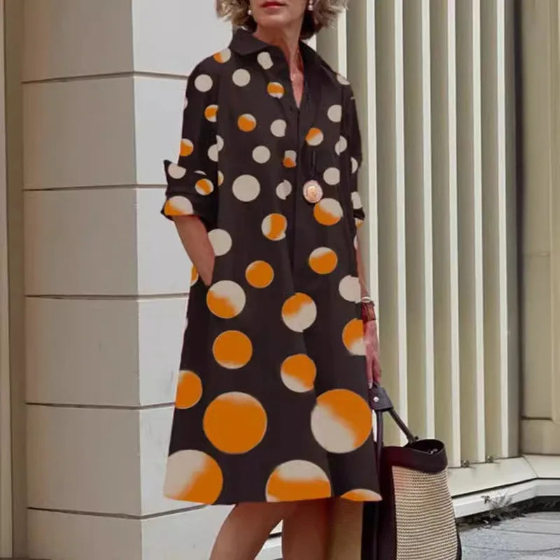 2026 Fall New Full Open Front Print Shirt Collar Long Sleeve Midi Dress Women Casual Fashion Office Wear with Belt