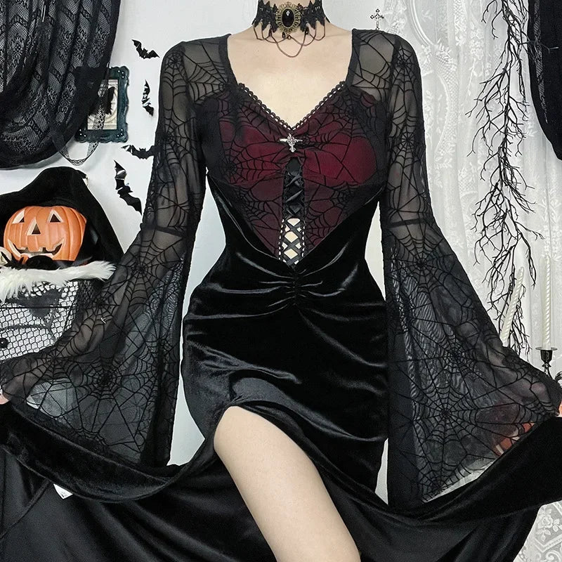 Dark Gothic style Goth Ropa Punk style Halloween Spiderweb velvet spliced bell sleeve slit hot girl dress