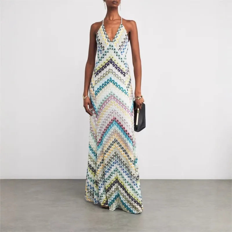 Spring Summer Female Boho Maxi Dresses Retro Sleeveless Women Holiday Long Skirt Sexy Deep V Neck Casual Party Dress Streetwear