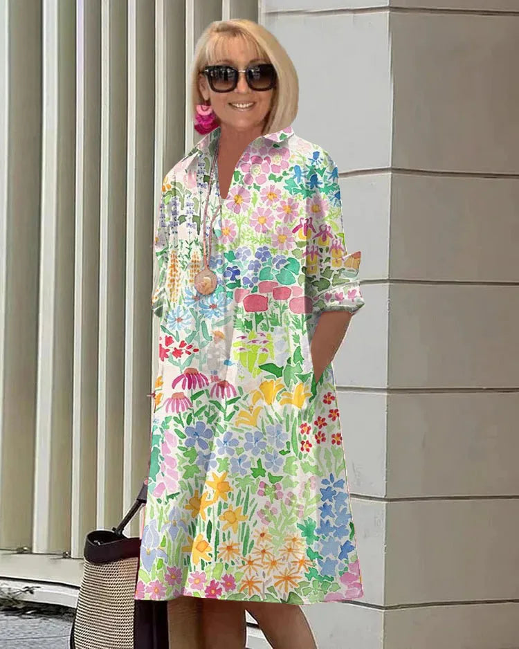 2026 Fall New Full Open Front Print Shirt Collar Long Sleeve Midi Dress Women Casual Fashion Office Wear with Belt