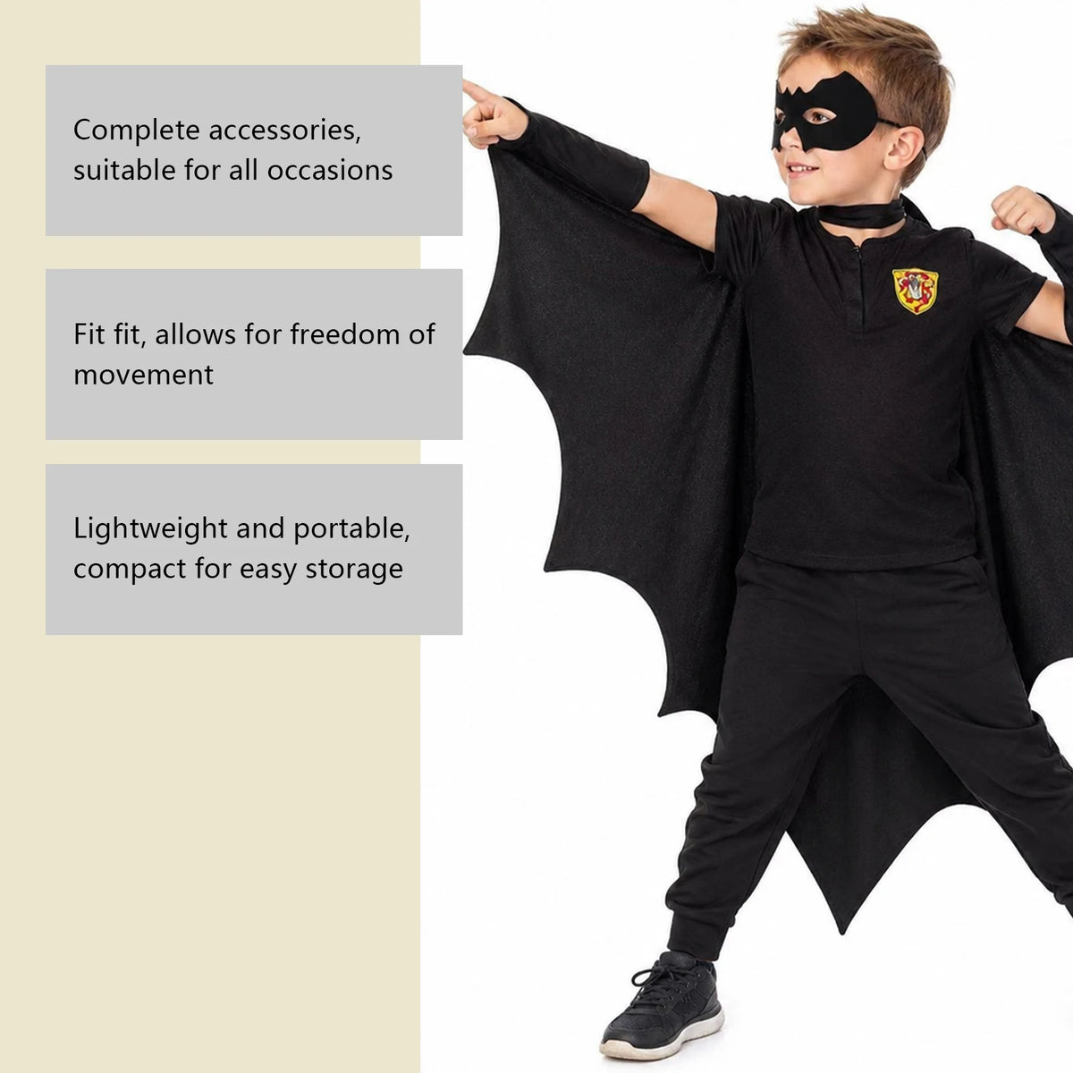 Kids Bat Costume Set Black Bat Cape Mask Arm Sleeves Halloween Cosplay Outfit Children Role Play Party Fancy Dress Costume