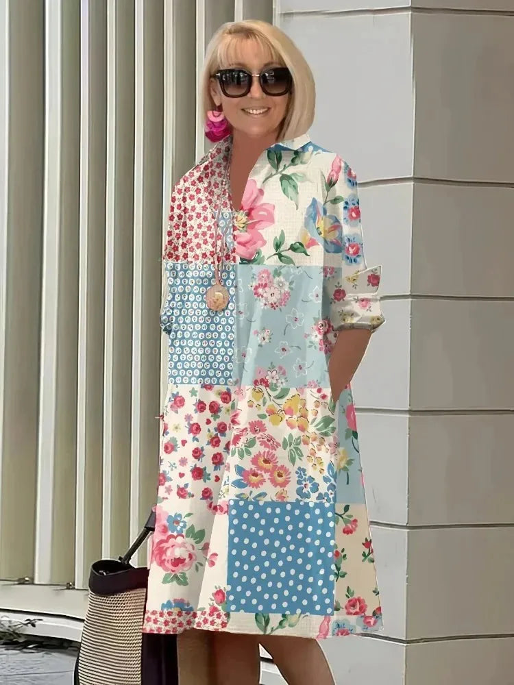 2026 Fall New Full Open Front Print Shirt Collar Long Sleeve Midi Dress Women Casual Fashion Office Wear with Belt