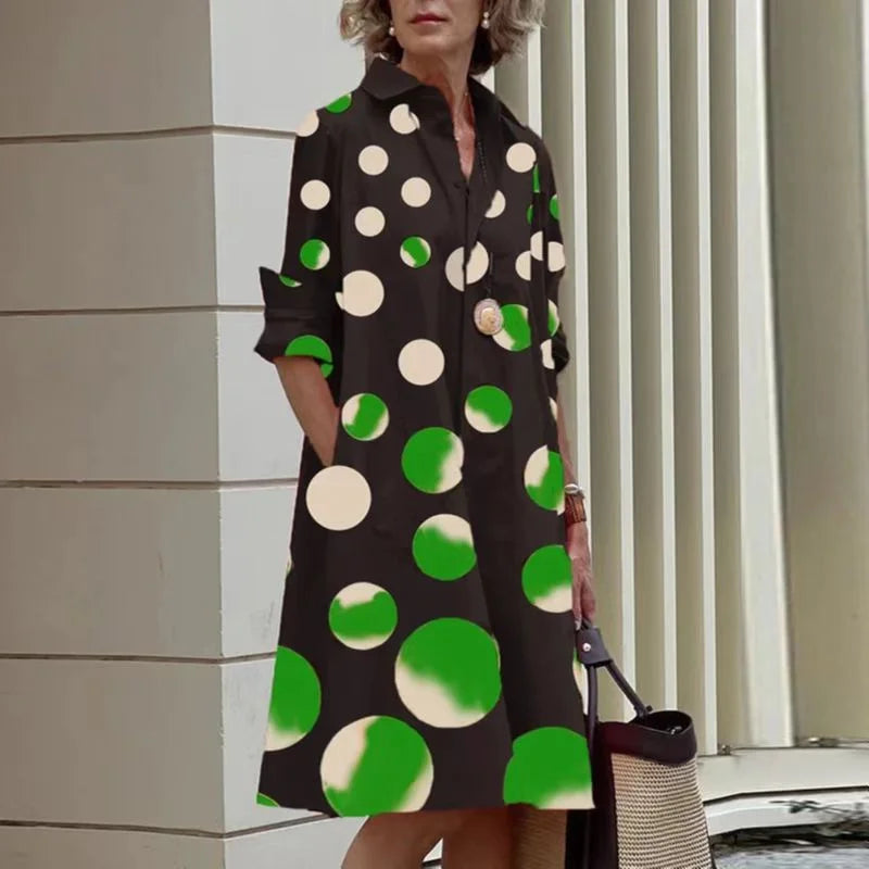 2024 Elegant Print Women Daily Commuter Dresses Side Double Pockets Single-breasted Cardigan Dress Female Long Sleeve Midi Gown