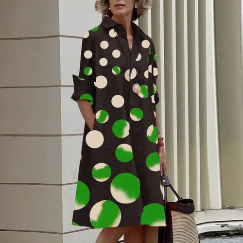 2024 Elegant Print Women Daily Commuter Dresses Side Double Pockets Single-breasted Cardigan Dress Female Long Sleeve Midi Gown