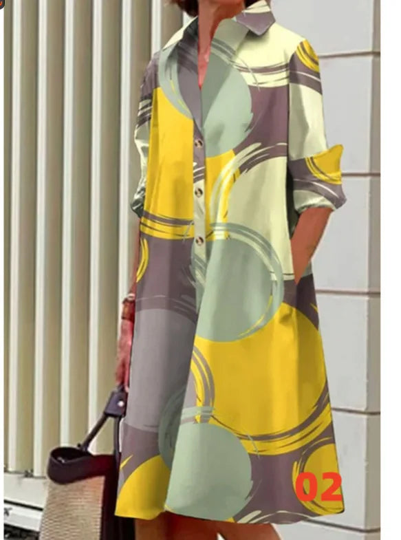2026 Fall New Full Open Front Print Shirt Collar Long Sleeve Midi Dress Women Casual Fashion Office Wear with Belt