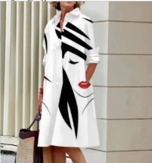 2026 Fall New Full Open Front Print Shirt Collar Long Sleeve Midi Dress Women Casual Fashion Office Wear with Belt