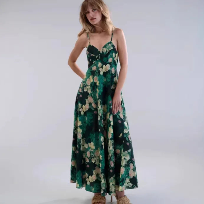 Deep V-neck Floral Print Slip Dress Vacation Style Waist-cinching Printed Beach Dress Sexy Backless Deep V Sleeveless Dress KXMM