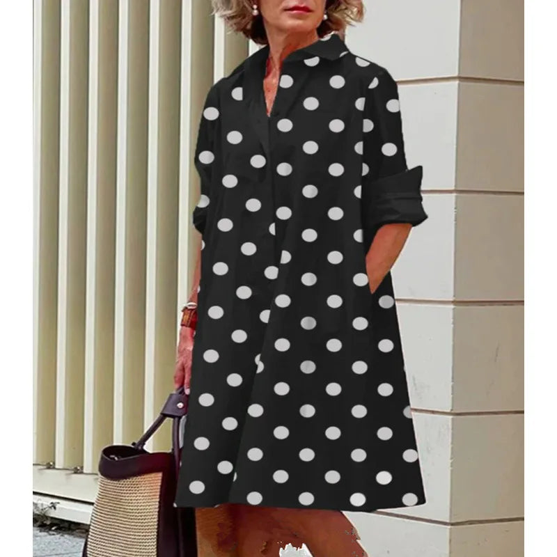 2026 Fall New Full Open Front Print Shirt Collar Long Sleeve Midi Dress Women Casual Fashion Office Wear with Belt