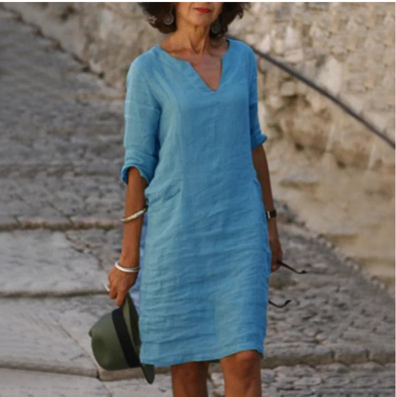 Vintage Women Solid Mini Dress Summer Fashion V-neck Three Quater Sleeve  Dress Ladies Casual Holiday Vestidos