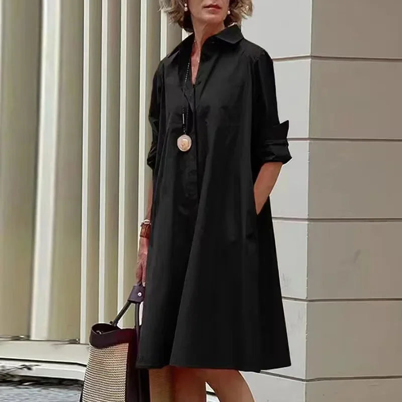 2024 Elegant Print Women Daily Commuter Dresses Side Double Pockets Single-breasted Cardigan Dress Female Long Sleeve Midi Gown